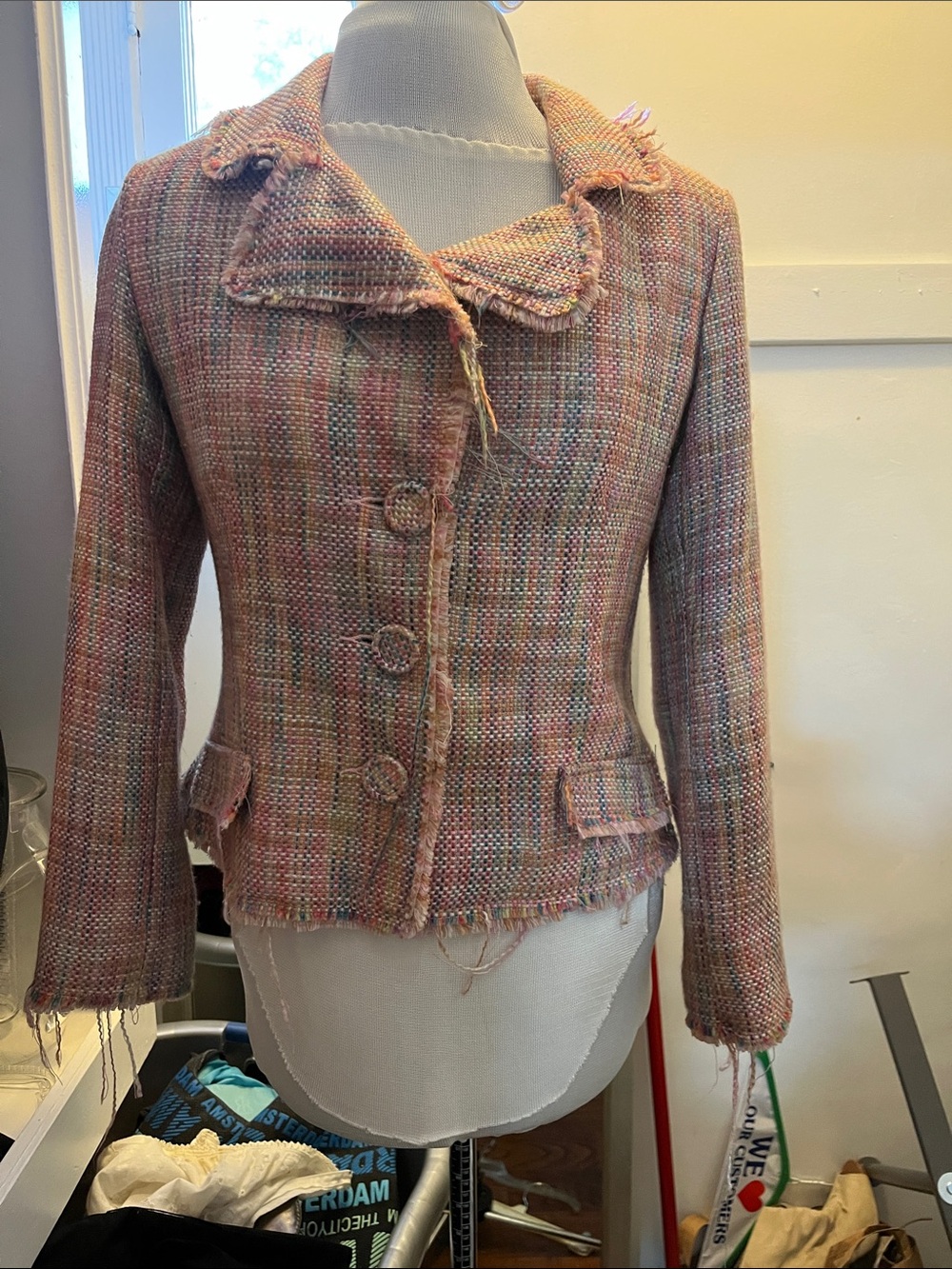 Aqua Pink Multicolor Tweed Fringe Jacket